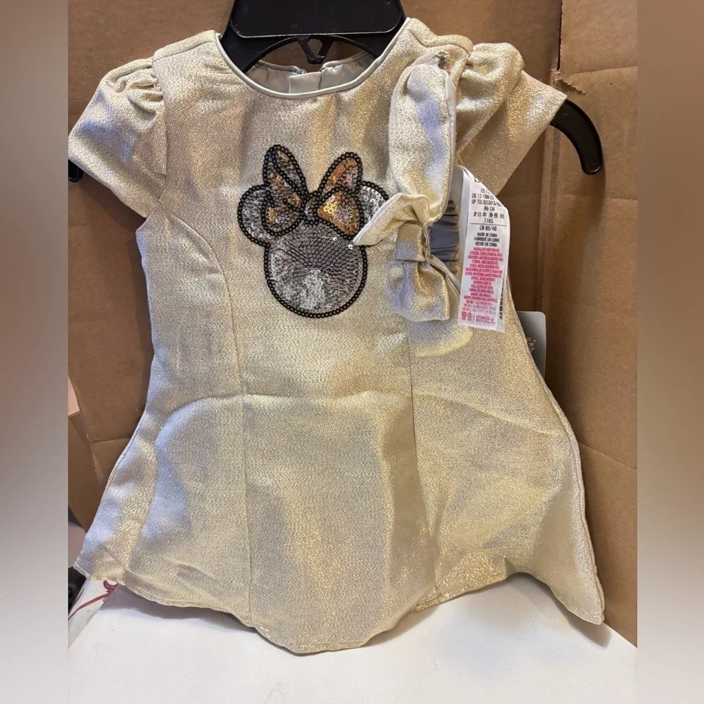 Disney Baby Minnie Mouse gold holiday dress with Headband NWT